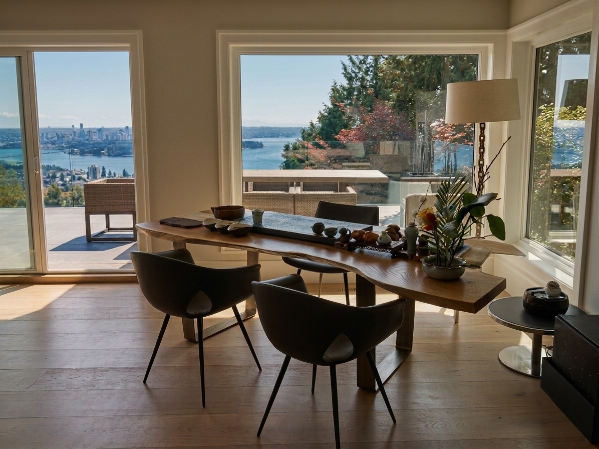 Open-concept dining room with live-edge table and floor-to-ceiling windows overlooking the water